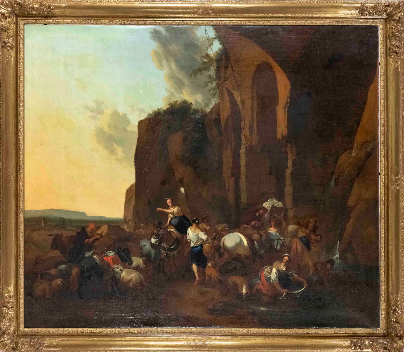 Heinrich Daniel Theodor Spangenbe: Heinrich Daniel Theodor Spangenberg (1764-1806), painter born in Jena, pupil of Johann Heinrich Tischbein in Kassel, court painter in Gotha from 1792/93. Large Italian landscape in the evening light w