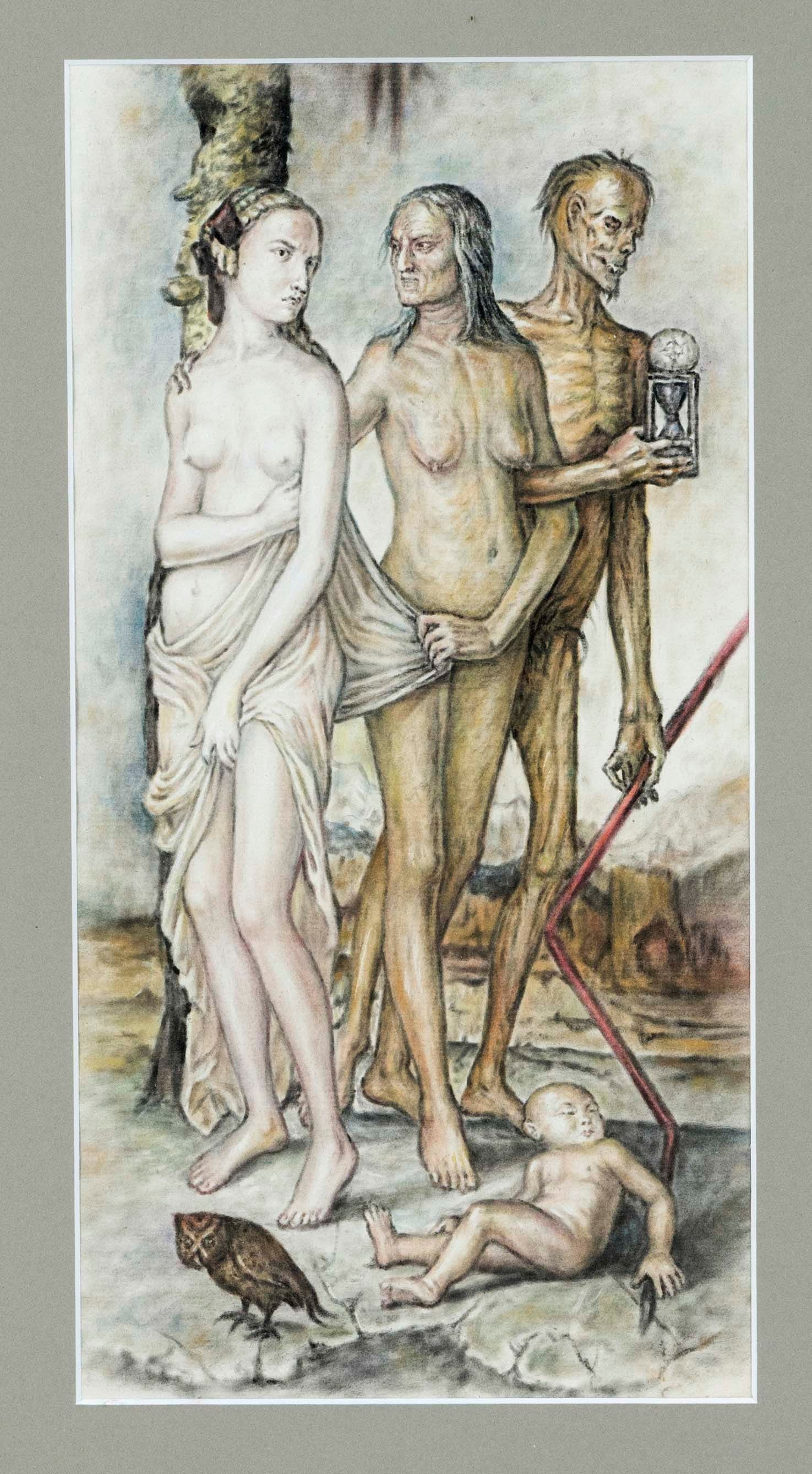 Hans Baldung Grien (1485-1545), c: Hans Baldung Grien (1485-1545), copy after, ''The Three Ages and Death'', watercolor on paper, unsigned, late 20th century copy, 37 x 18.5 cm, framed behind glass and passepartout 71 x 56 cm