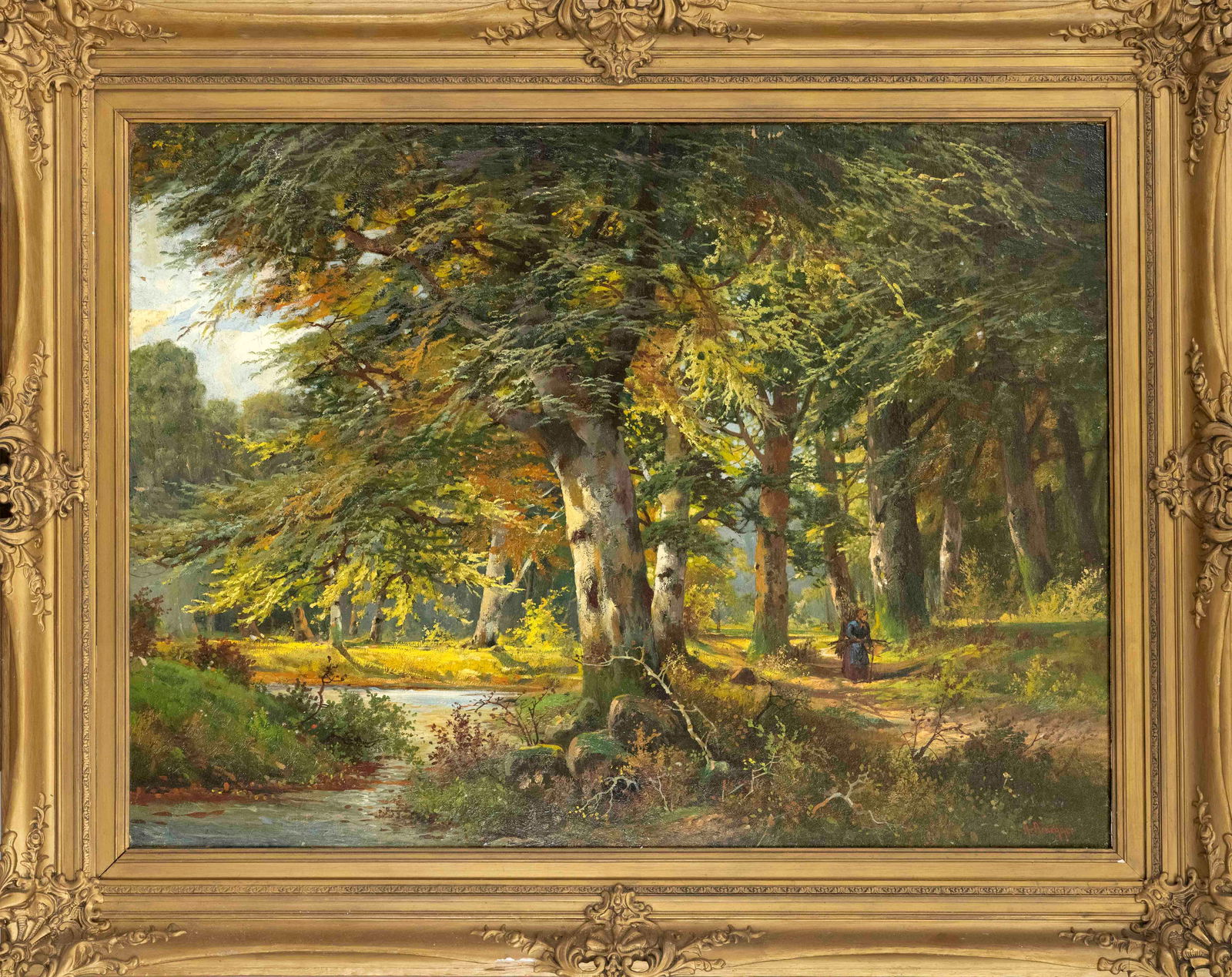 Alois Arnegger (1879-1963), Austr: Alois Arnegger (1879-1963), Austrian painter, large, atmospheric forest with stream and brushwood gatherer, oil/canvas mounted on chipboard, signed lower right, 75 x 100, framed in a magnificent frame