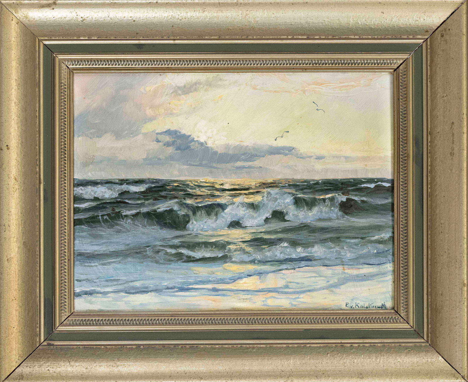 Patrick von Kalckreuth (1898-1970: Patrick von Kalckreuth (1898-1970), marine painter active in Berlin and Düsseldorf. Small seascape with evening surf, oil on card, signed lower right, 20 x 24 cm, framed 30 x 35 cm