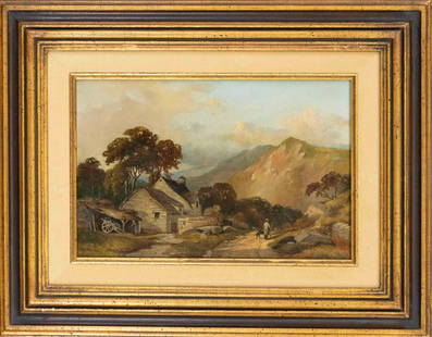 English landscape painter 1st hal: English landscape painter 1st half 19th century, probably John Henderson, Landscape with cottage and staffage figure, oil on canvas, unsigned, 21 x 30 cm