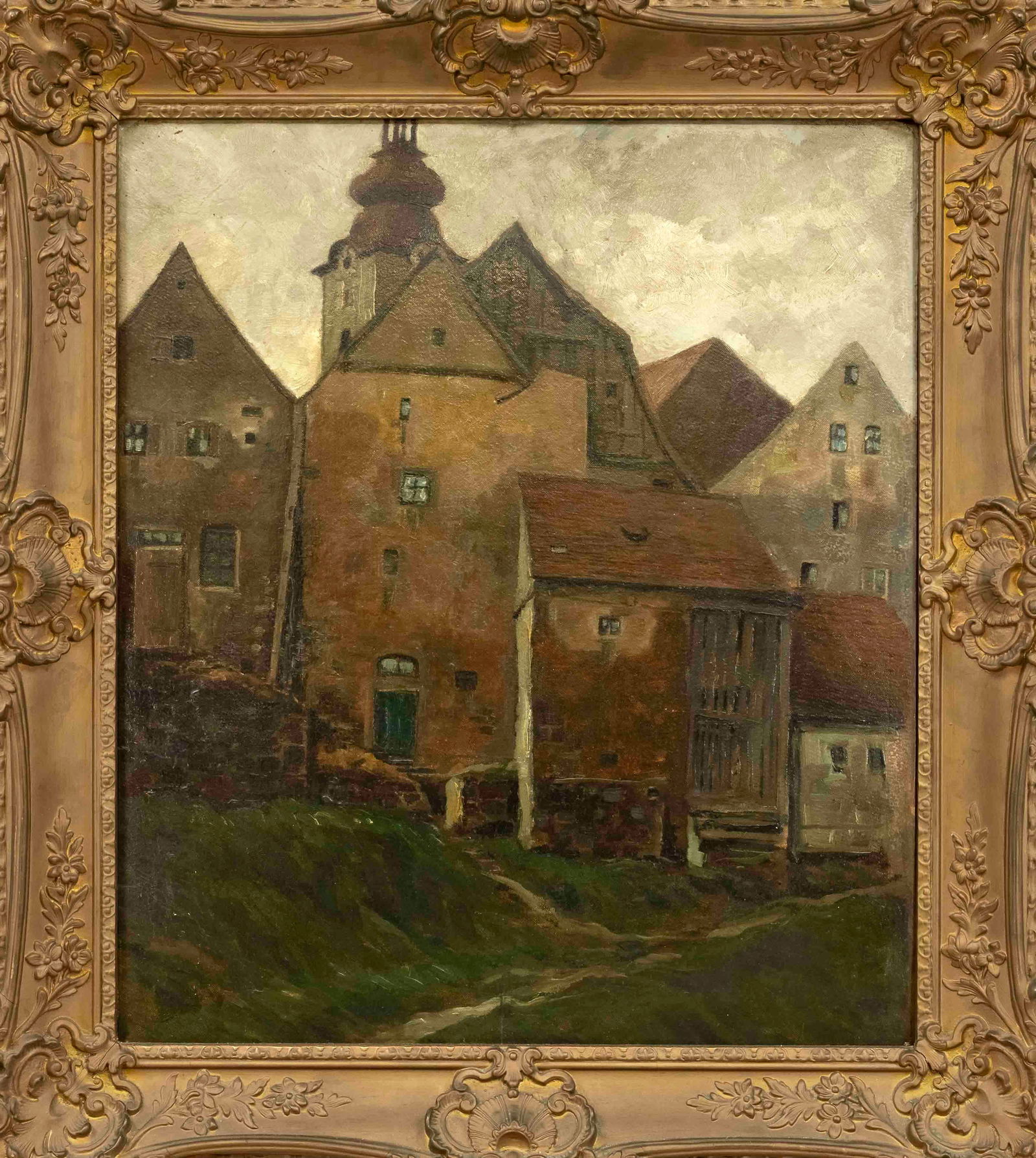 Unknown artist c. 1900, village h: Unknown artist c. 1900, village house ensemble, oil on cardboard over hardboard, unsigned, retouched, 59 x 52 cm, framed 76 x 68 cm