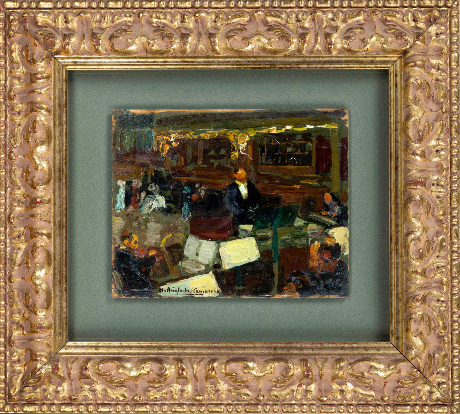 Hermenegildo Anglada Camarasa (18: Hermenegildo Anglada Camarasa (1871-1959), important Catalan-Spanish painter of Symbolism and Post-Impressionism. Orchestra rehearsal, oil on wood, signed lower left, 22 x 26.5 cm, framed behind glass