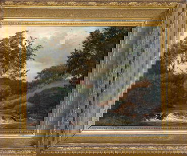 Johann Wilhelm Schirmer (1807-186: Johann Wilhelm Schirmer (1807-1863), River Landscape with Rain Clouds, possibly painted during Schirmer's trip to France in 1836 under the influence of Courbet, oil on canvas, signed lower right, 26 x