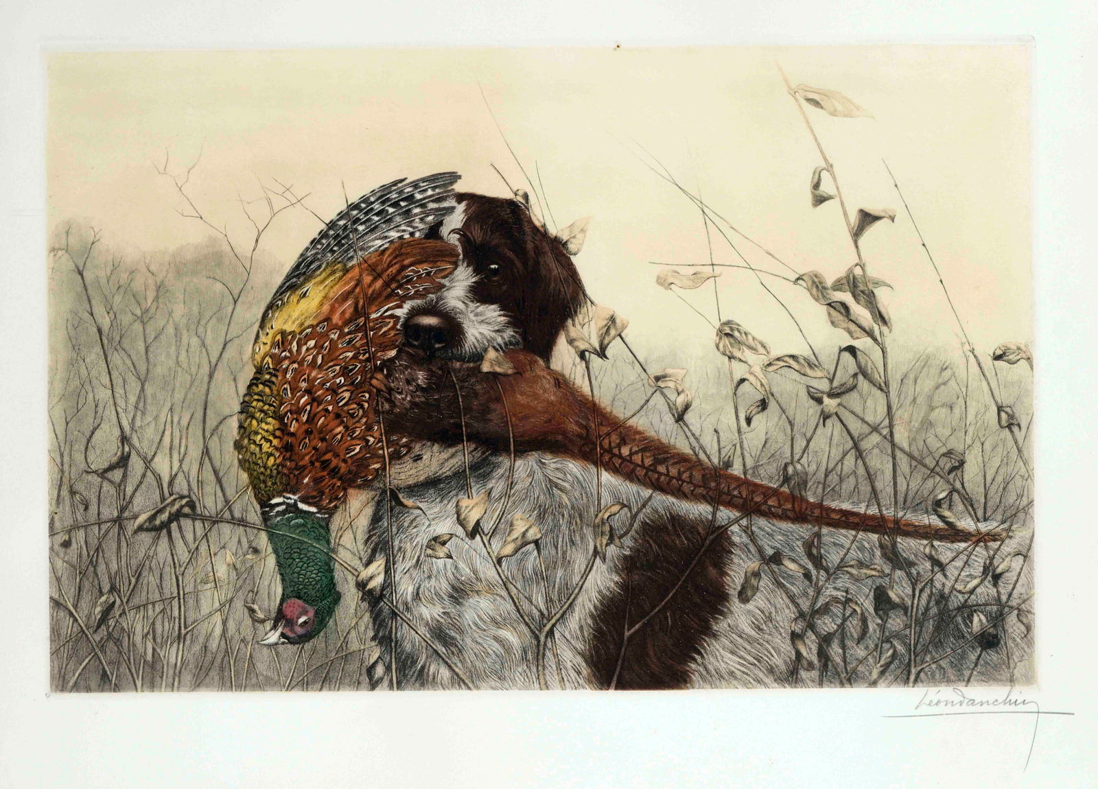 Léon Danchin (1887-1938), Hunting: Léon Danchin (1887-1938), Hunting dog with shot pheasant, col. Etching, signed lower right, 37 x 56 cm, framed behind glass 58 x 74 cm