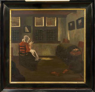signed Fennneker, copyist c. 1920: signed Fennneker, copyist c. 1920 after Pieter de Hooch (1629-1684), oil on canvas, signed lower right, 88 x 88 cm, frame with frame lamp 113 x 113 cm