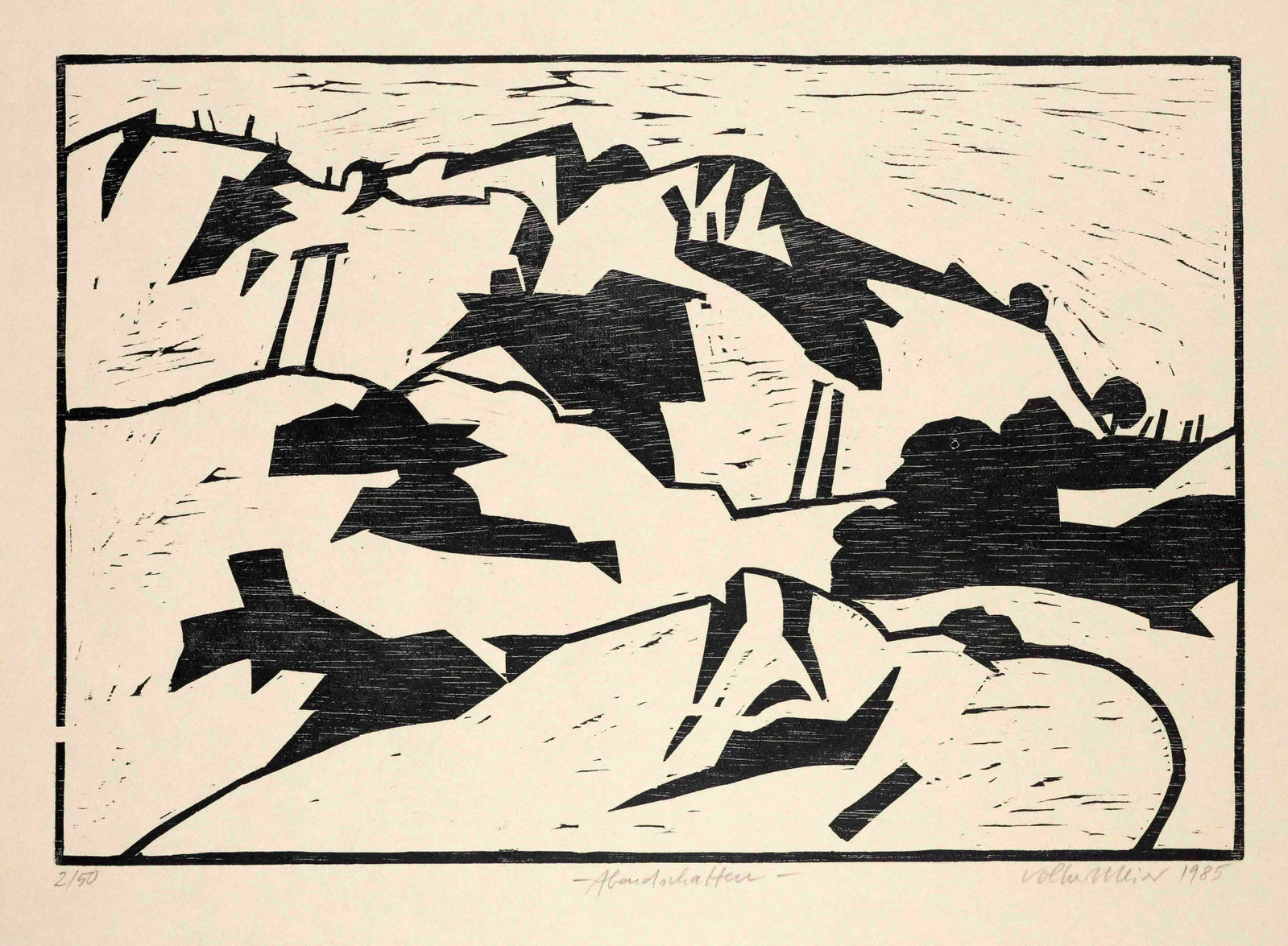 Volker Meier (1932-1993), two lar: Volker Meier (1932-1993), two large woodcuts by the Hamburg artist, ''Abendschatten'' and ''Fjordende'', woodcuts on Japanese paper, each signed and dated 1985, also inscribed and numbered, sheet dime