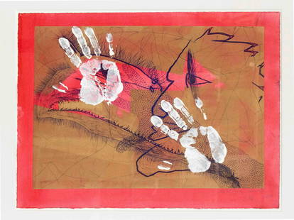 Michael Buthe (1944-1994), Two he: Michael Buthe (1944-1994), Two heads in profile, color etching on pink paper with two handprints (probably opaque white), which are always different, signed by hand no. 23/40, 37 x 52 cm, framed behin