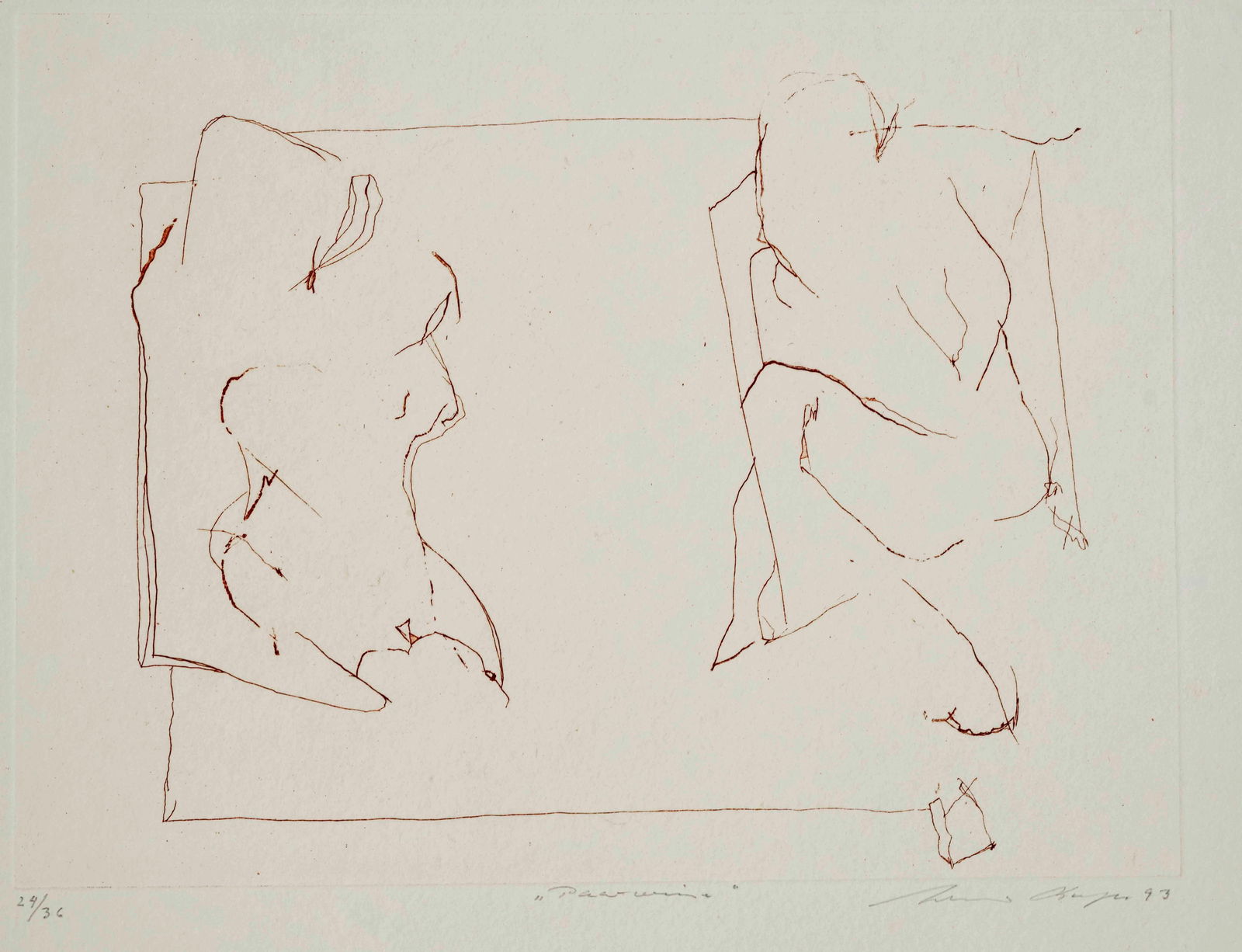 Werner Berges (1941-2017), ''Paar: Werner Berges (1941-2017), ''Paarweise'', color etching on laid paper with scooped edge, signed lower right, and dated 1993, inscribed in the middle, numbered lower left. Ex. of 36, sheet dimensions 2