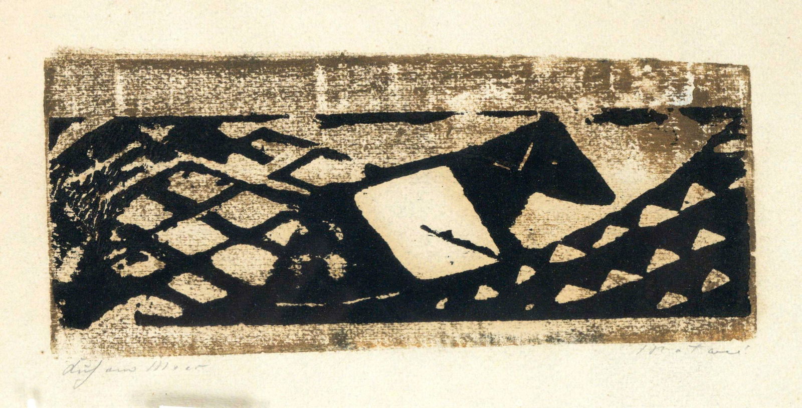Ewald Mataré (1887-1965), ''Kuh a: Ewald Mataré (1887-1965), ''Kuh am Meer'', color woodcut in brown and black, signed lower right, titled lower left, light border, 10 x 23 cm, framed behind glass and passe-partout 49 x 59 cm