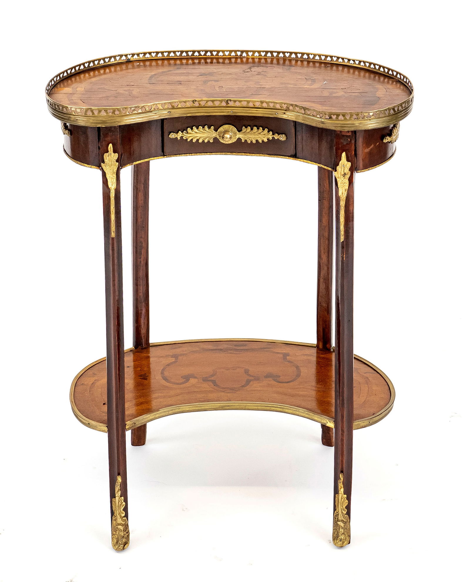 Kidney-shaped side table, France,: Kidney-shaped side table, France, c. 1900, walnut and other precious woods veneered and inlaid, frame with drawer, surrounding brass gallery, 73 x 55 x 27 cm