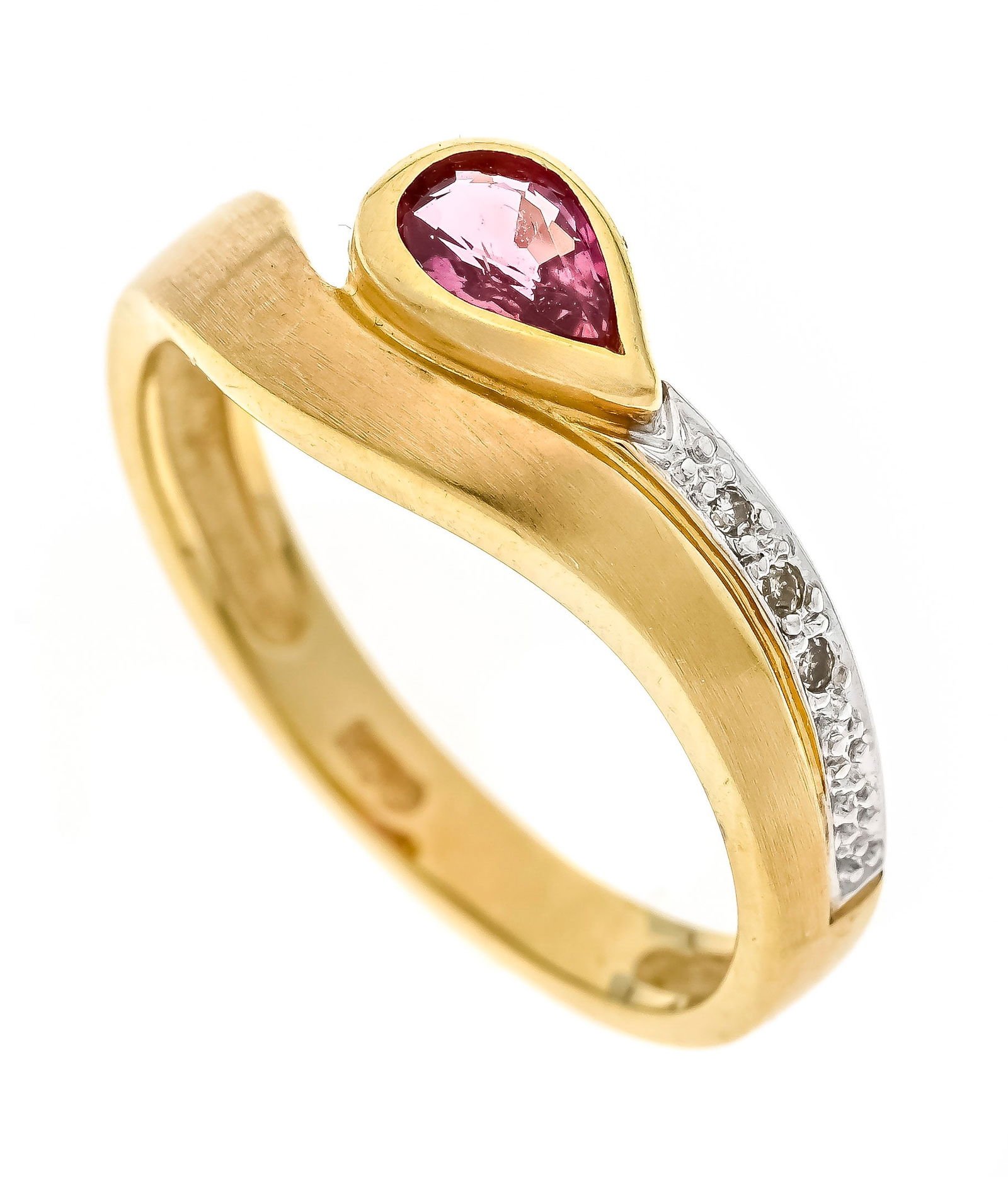 Pink sapphire ring GG/WG 585/000: Pink sapphire ring GG/WG 585/000 with a faceted pink sapphire drop 6.7 x 4.0 mm and 3 octagonal diamonds, total 0.015 ct W/SI, RG 55, 3.2 g