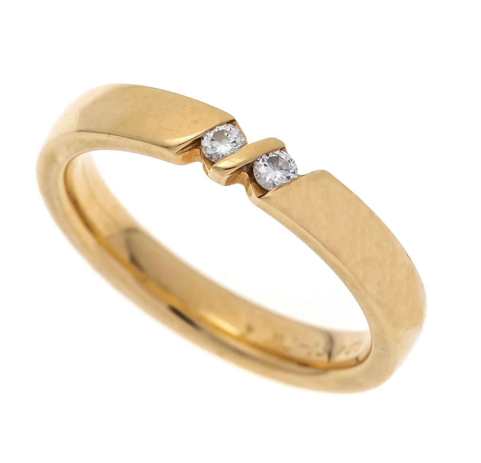 Diamond ring GG 585/000 with 2 br: Diamond ring GG 585/000 with 2 brilliant-cut diamonds, total 0.04 ct TW/SI (hallmarked), RG 56, 5.1 g