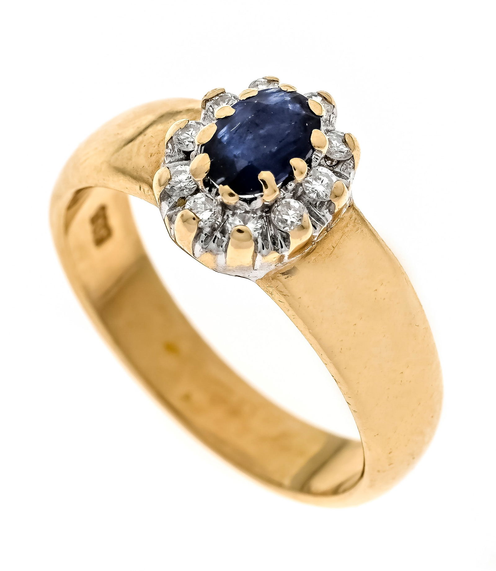 Sapphire-brilliant ring GG/WG 585: Sapphire-brilliant ring GG/WG 585/000 with an oval faceted sapphire 5.5 x 4.0 mm blue, opaque, and 10 brilliant-cut diamonds, total 0.14 ct W/SI-PI, RG 53, 4.6 g