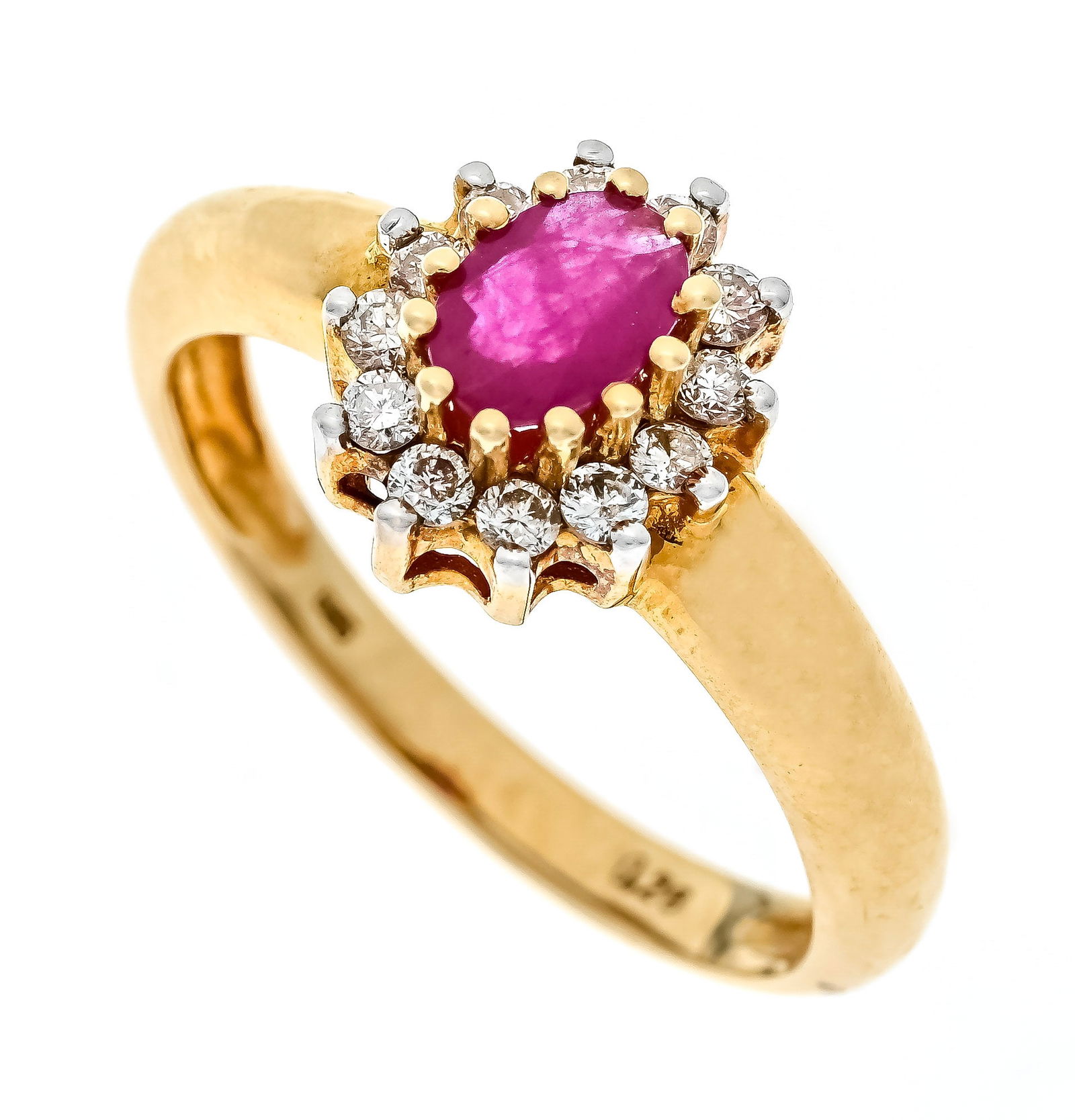 Ruby brilliant-cut diamond GG 585: Ruby brilliant-cut diamond GG 585/000 with an oval faceted ruby 5.9 x 4.1 mm red, opaque and 12 brilliant-cut diamonds, total 0.26 ct (hallmarked) tinted/SI, RG 55, 3.2 g