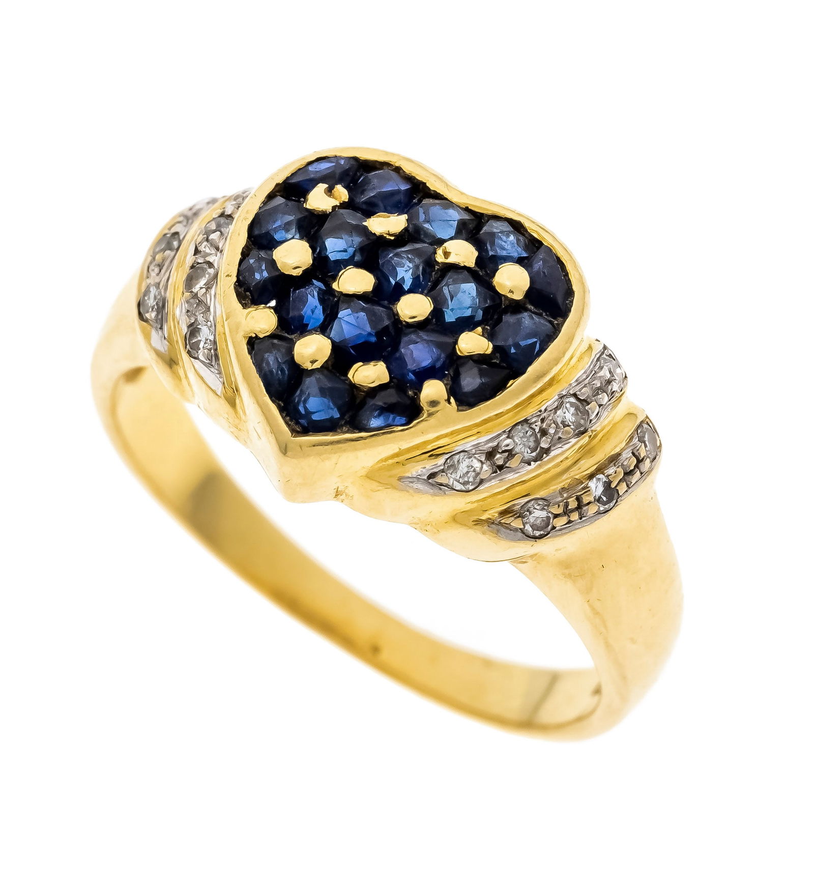 Heart ring GG/WG 750/000 with cus: Heart ring GG/WG 750/000 with cushion-shaped faceted, pavé-set colored stones 1.7 mm dark blue, opaque and 14 octagonal diamonds, total 0.07 ct tinted/SI-PI, RG 49, 4.3 g