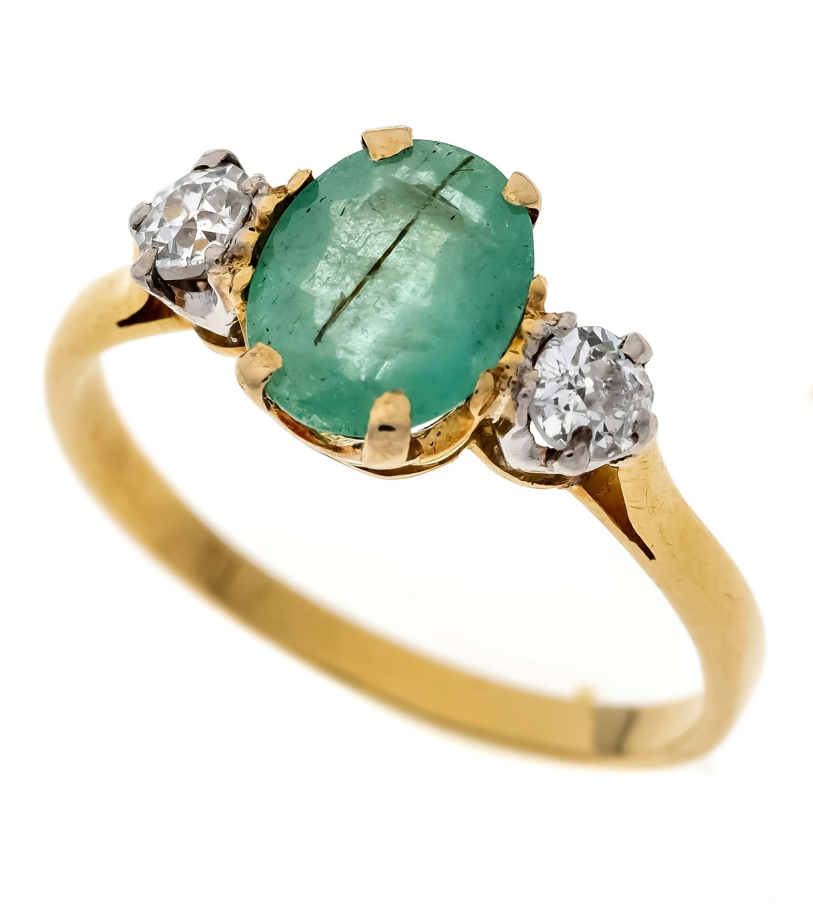Emerald old-cut diamond ring GG/W: Emerald old-cut diamond ring GG/WG 585/000 unmarked, tested, with an oval faceted emerald 8.6 x 7.0 x 4.0 mm light green, translucent, natural crack on the table caused by inclusion and 2 old-cut