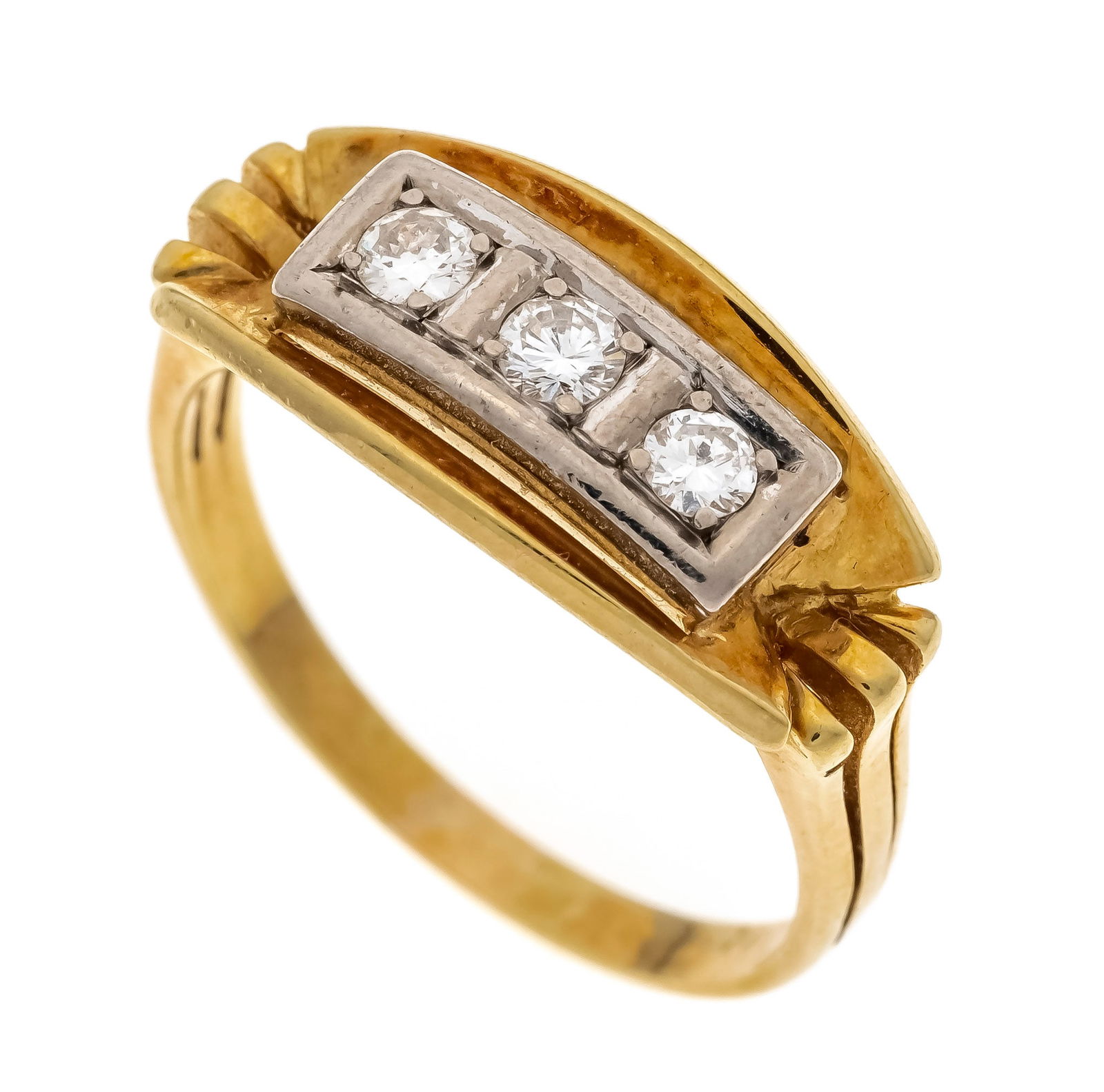 Brilliant-cut diamond rivière rin: Brilliant-cut diamond rivière ring GG/WG 585/000 unmarked, tested, with 3 brilliant-cut diamonds, total 0.20 ct W/VS, RG 57, 4.5 g