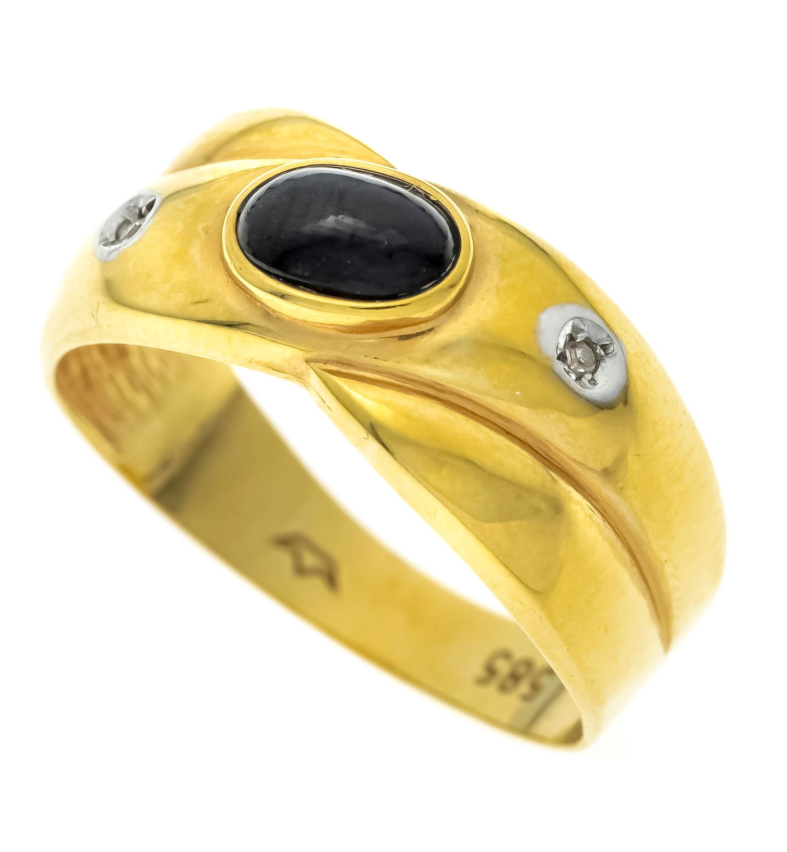 Sapphire crossover ring GG/WG 585: Sapphire crossover ring GG/WG 585/000 with an oval sapphire cabochon 5.8 x 3.7 mm dark blue, opaque and 2 octagonal diamonds, total 0.004 ct W/SI, RG 53, 2.5 g