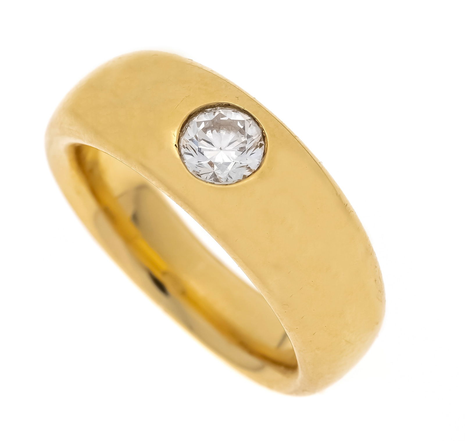 Brilliant ring GG 585/000 unmarke: Brilliant ring GG 585/000 unmarked, tested, with a brilliant-cut diamond 0.15 ct W/SI, RG 60, personal dedication engraved, 7.9 g