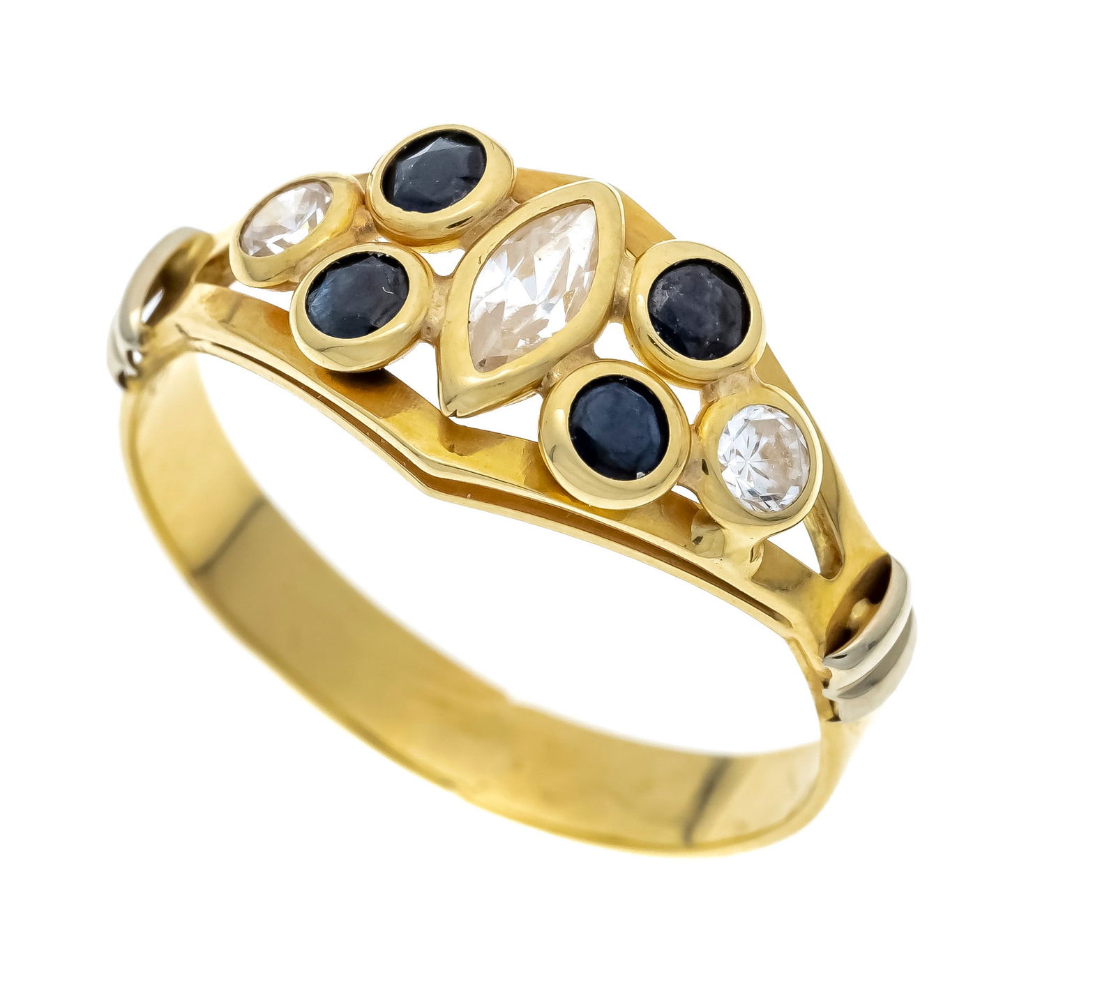 Sapphire ring GG/WG 750/000 with: Sapphire ring GG/WG 750/000 with 4 round faceted sapphires 2.4 mm blue, translucent - opaque as well as a navette-shaped and 2 round faceted white gemstones 5 - 2.5 mm, RG 54, 2.4 g