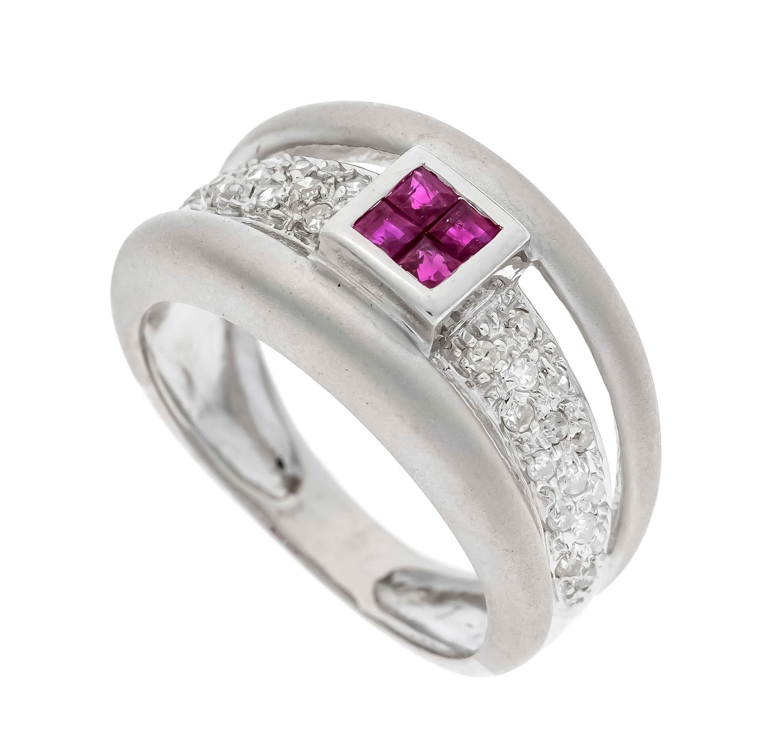 Ruby diamond ring WG 585/000 with: Ruby diamond ring WG 585/000 with 4 faceted ruby carrées 1.8 mm, possibly synthetic and 30 octagonal diamonds, total 0.15 ct W/SI, RG 52, 4.8 g