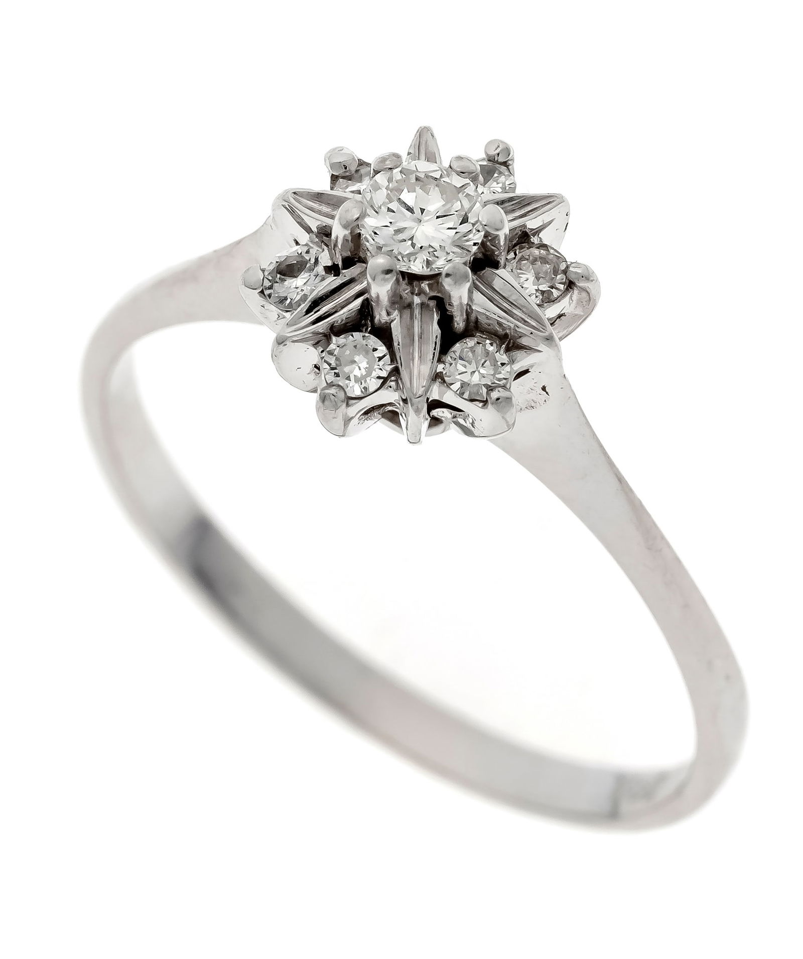 Brilliant flower ring WG 750/000: Brilliant flower ring WG 750/000 with 7 brilliant-cut diamonds, total 0.15 ct W/VS-SI, RG 55, 2.5 g