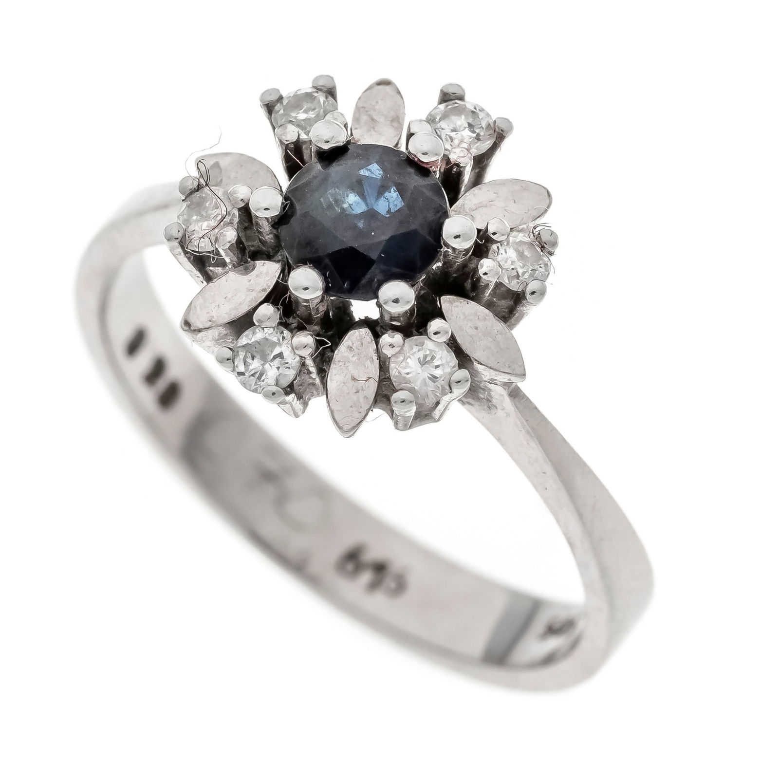 Sapphire-brilliant ring WG 585/00: Sapphire-brilliant ring WG 585/000 with a round faceted sapphire 0.70 ct (engraved) blue, transparent with very few internal features and 6 brilliant-cut diamonds, total 0.20 ct (engraved) W/SI, RG