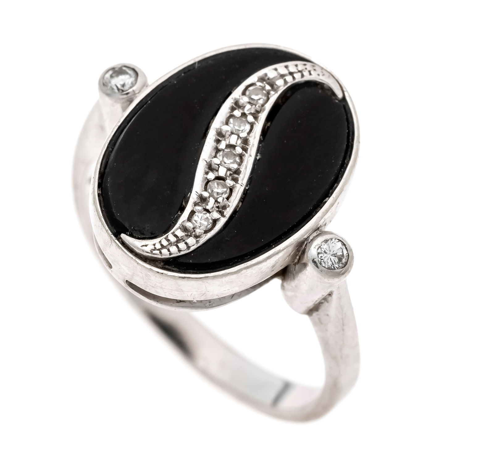 Onyx diamond ring WG 585/000 with: Onyx diamond ring WG 585/000 with 2 fish bubble ornament-shaped onyx inlays 14 x 4.7 mm as well as 2 brilliant-cut diamonds and 5 octagonal diamonds, total 0.06 ct W-toned W/SI, RG 53, 4.1 g