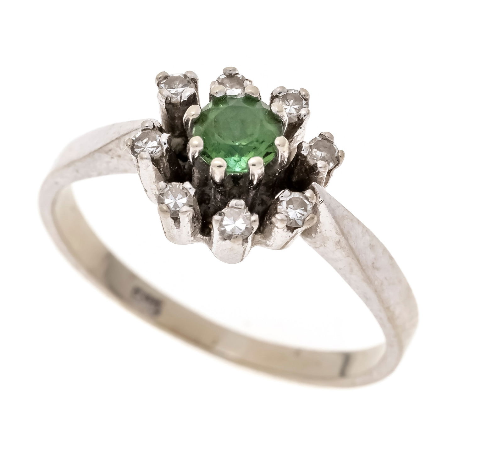 Tourmaline diamond ring WG 585/00: Tourmaline diamond ring WG 585/000 with a round faceted tourmaline 4.5 mm dark green, transparent and 8 octagonal diamonds, total 0.15 ct W/SI, RG 52, 3.6 g