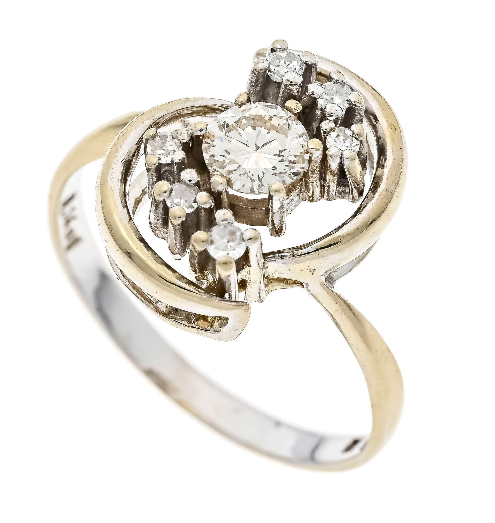 Brilliant ring WG 585/000 with on: Brilliant ring WG 585/000 with one brilliant-cut diamond 0.45 ct W/VS-SI and 6 brilliant-cut diamonds, total 0.14 ct (hallmarked) W/VS-SI, RG 58, 4.4 g