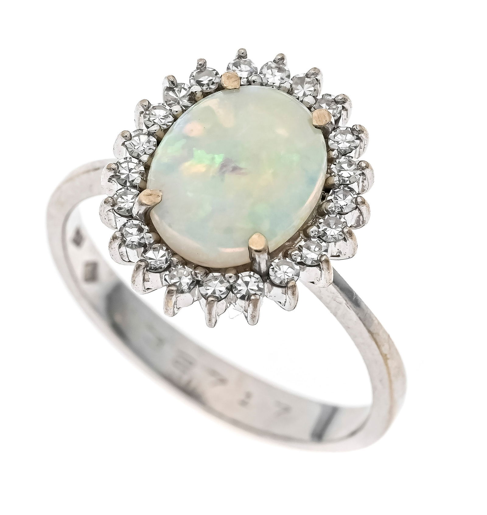 Opal-diamond ring WG 750/000 with: Opal-diamond ring WG 750/000 with an oval milk opal cabochon 9 x 7 mm with good play of colors and 21 octagonal diamonds, total 0.30 ct W/VS, RG 58, 5.0 g