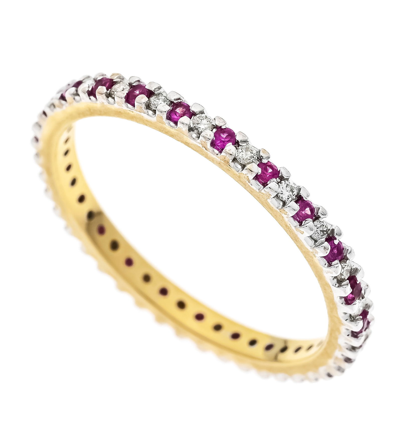 Ruby eternity ring WG/GG 585/000: Ruby eternity ring WG/GG 585/000 with round faceted rubies 1.5 mm and brilliant-cut diamonds, total 0.26 ct (hallmarked) W/SI, RG 62, 2.8 g