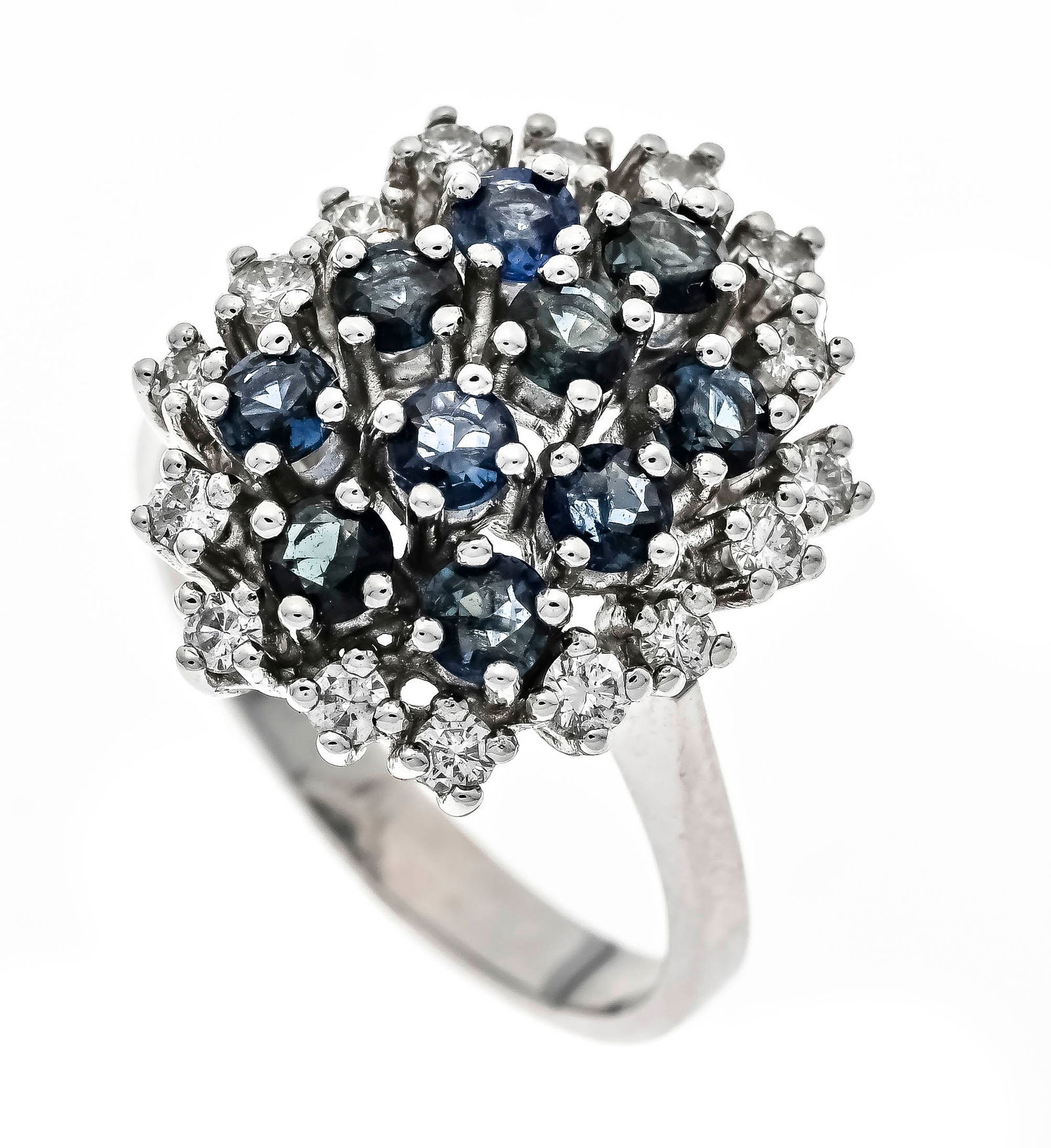 Sapphire diamond ring WG 585/000: Sapphire diamond ring WG 585/000 with 10 round faceted sapphires 2.5 mm, total 2.35 ct (hallmarked) and brilliant-cut diamonds, total 0.50 ct (hallmarked) W/SI, RG 57, 7.0 g