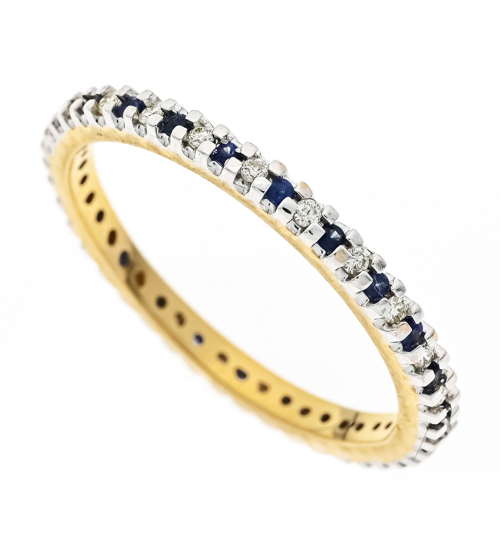 Sapphire eternity ring WG/GG 585/: Sapphire eternity ring WG/GG 585/000 with round faceted sapphires 1.5 mm and brilliant-cut diamonds, total 0.25 ct (hallmarked) W/SI, RG 62, 2.9 g