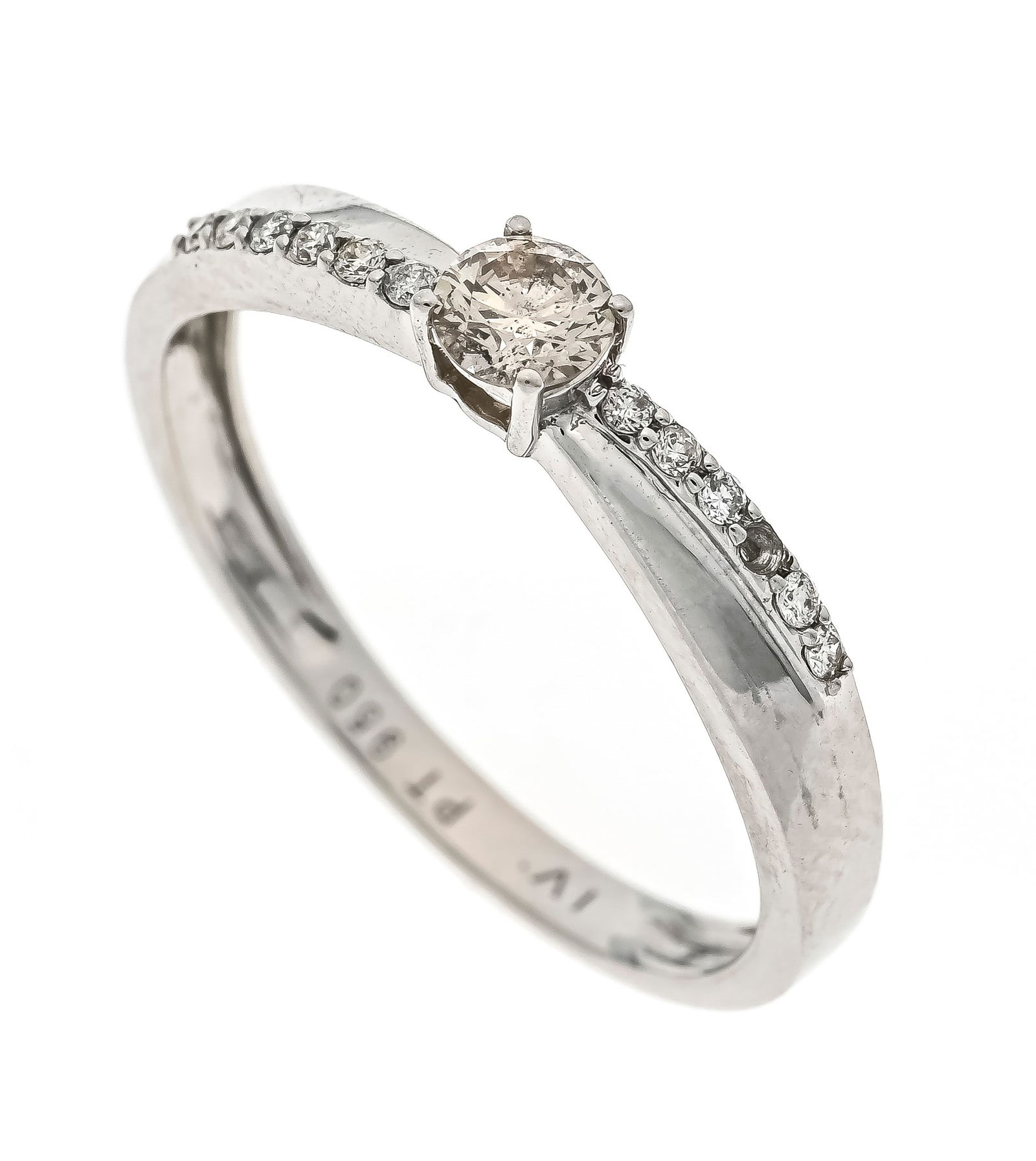 Diamond ring platinum 950/000 wit: Diamond ring platinum 950/000 with one brilliant-cut diamond 0.24 ct champagne/PI and 12 brilliant-cut diamonds, total 0.06 ct slightly tinted white/PI, RG 60, 3.3 g