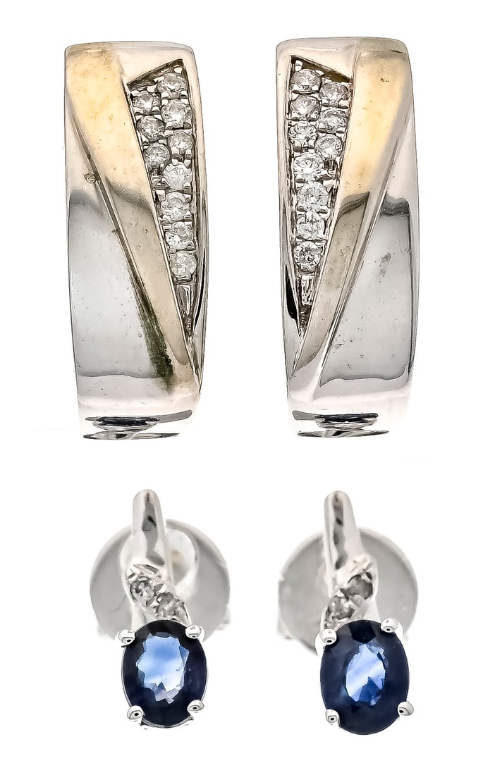 2 pairs of ear studs WG 375/000 w: 2 pairs of ear studs WG 375/000 with 2 oval faceted sapphires 3.5 x 2.5 mm and brilliant-cut diamonds, total 0.08 ct (each 0.04 ct hallmarked) W/SI, 3.1 g