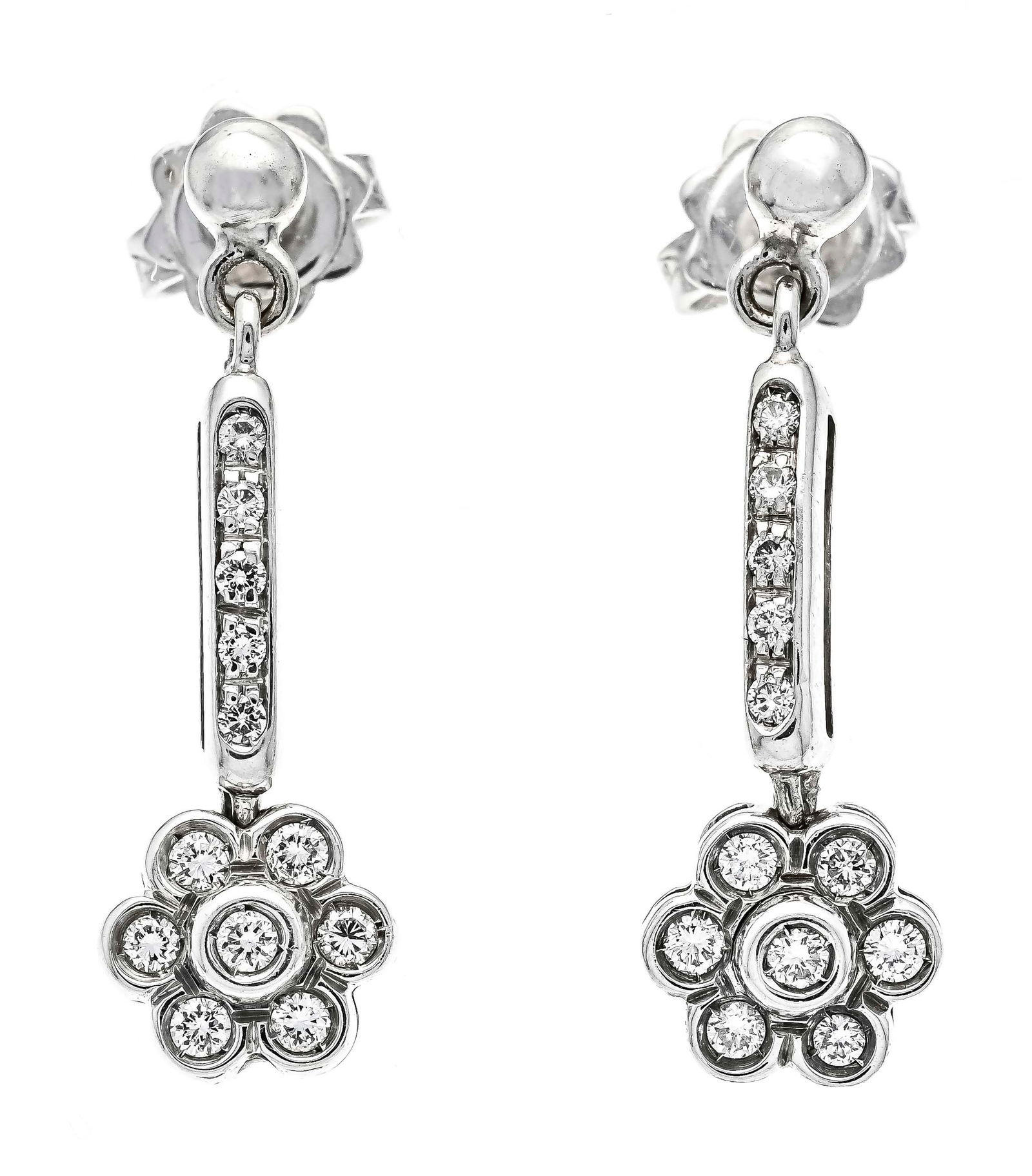 Brilliant flower stud earrings WG: Brilliant flower stud earrings WG 750/000 with brilliant-cut diamonds, total 0.34 ct W/SI, l. 27 mm, 5.9 g