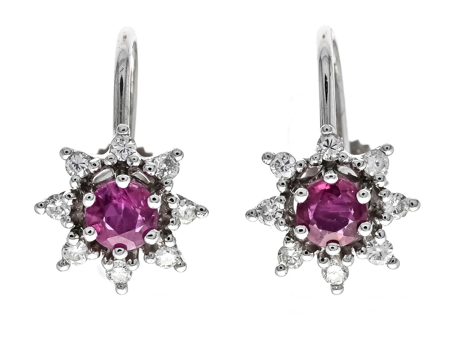 Ruby-brilliant ear clips WG 585/0: Ruby-brilliant ear clips WG 585/000 with 2 round faceted rubies 3.5 mm and 16 brilliant-cut diamonds, total 0.16 ct W/SI, 2.8 g