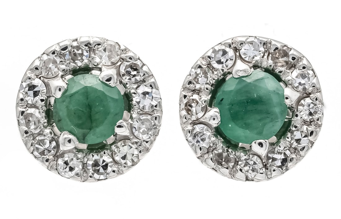 Emerald diamond stud earrings WG: Emerald diamond stud earrings WG 585/000 with 2 round faceted emeralds 3 mm and 24 brilliant-cut diamonds, total 0.12 ct W/SI, d. 7 mm, 1.6 g