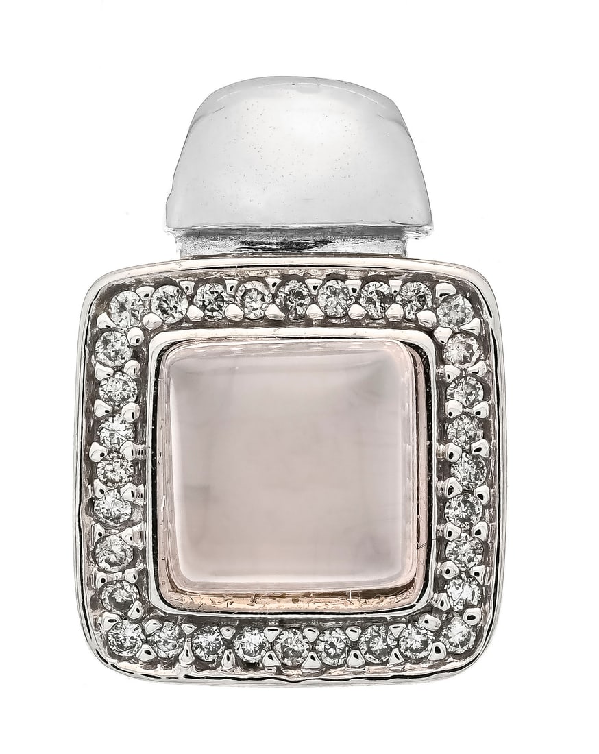 Rose quartz pendant WG 585/000 wi: Rose quartz pendant WG 585/000 with a carré-shaped rose quartz cabochon 7.5 x 7.5 mm and brilliant-cut diamonds, total 0.20 ct (hallmarked) W/SI-PI, l. 18.5 mm, 5.4 g