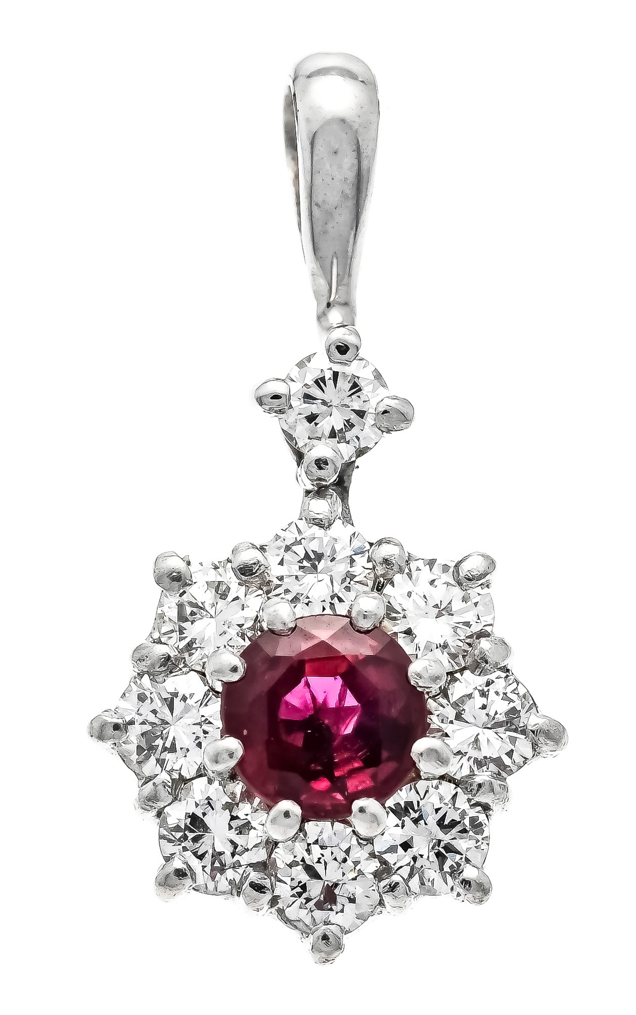 Ruby-brilliant pendant WG 750/000: Ruby-brilliant pendant WG 750/000 unmarked, tested, with a round faceted ruby 4.3 mm in very good color and purity and 9 brilliant-cut diamonds, total 0.27 ct TW/VS, l. 19 mm, 1.8 g