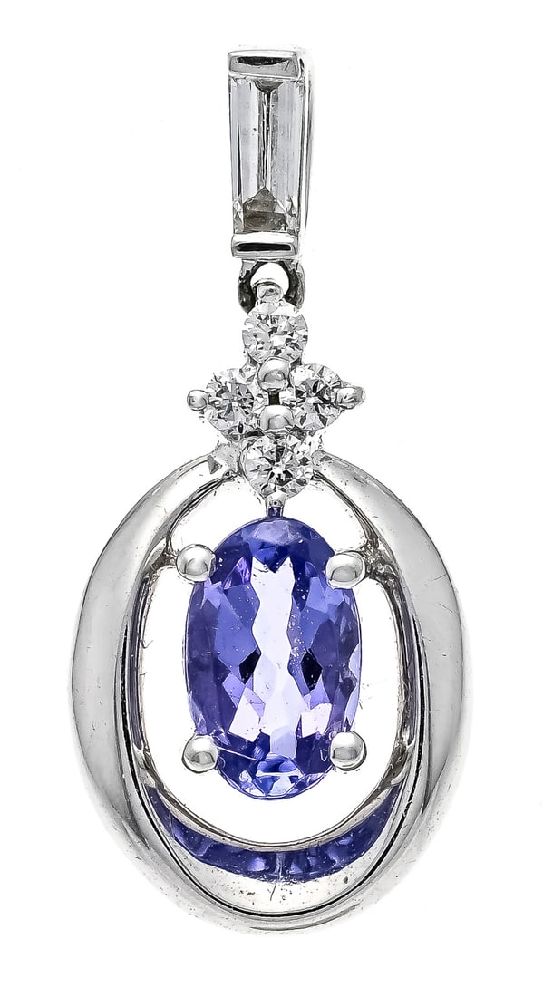 Tanzanite pendant WG 750/000 with: Tanzanite pendant WG 750/000 with an oval faceted tanzanite 6.0 x 3.8 mm, 4 brilliant-cut diamonds and 1 baguette-cut diamond, total 0.06 ct W/SI, l. 18.5 mm, 1.1 g