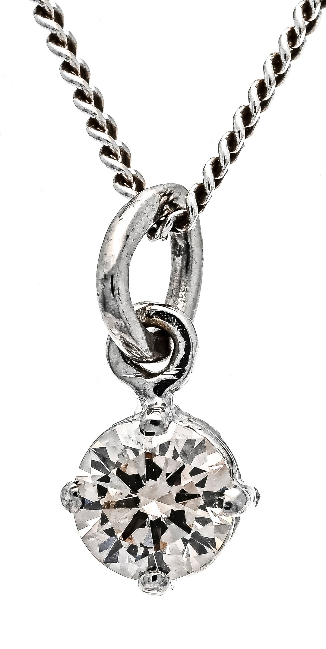 Brilliant pendant WG 750/000 with: Brilliant pendant WG 750/000 with one brilliant-cut diamond 0.45 ct tintedW (brownish) /VS, l. 12 mm, on chain WG 333/000 with spring ring, l. 46 cm, 2.3 g
