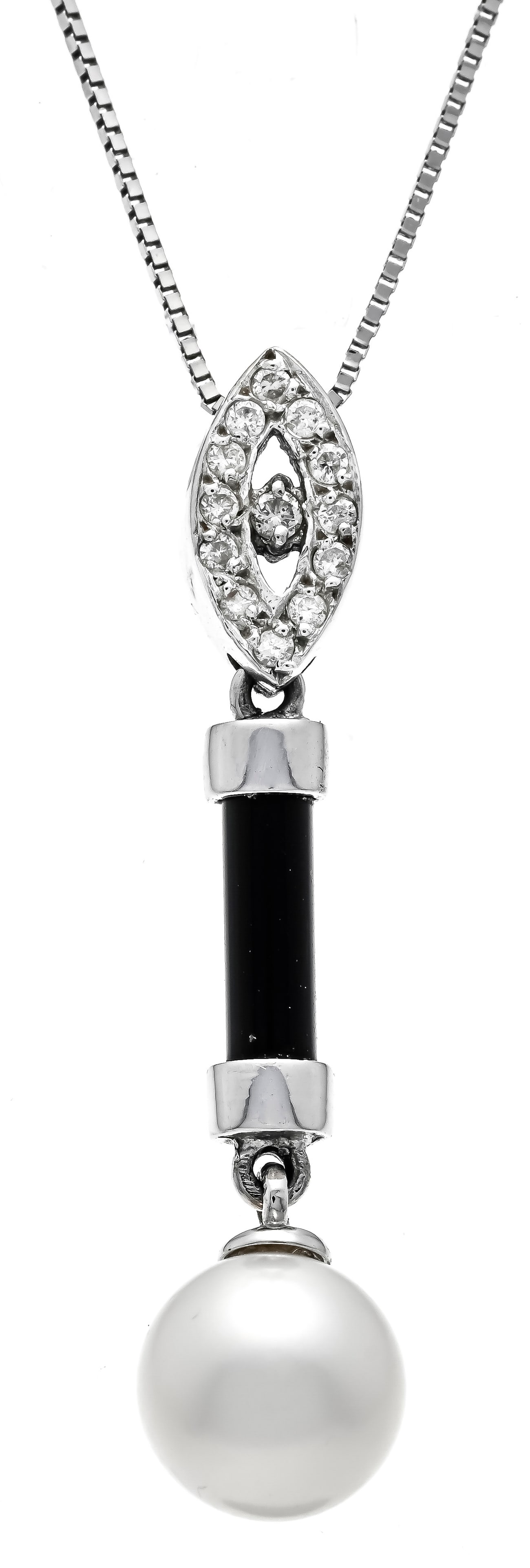 Pearl onyx pendant WG 585/000 wit: Pearl onyx pendant WG 585/000 with a white cultured pearl 8.8 mm, a round onyx bar 10 x 3 mm and 13 brilliant-cut diamonds, total 0.10 ct tintedW-lightly tinted white/PI, l. 38.5 mm, on chain WG