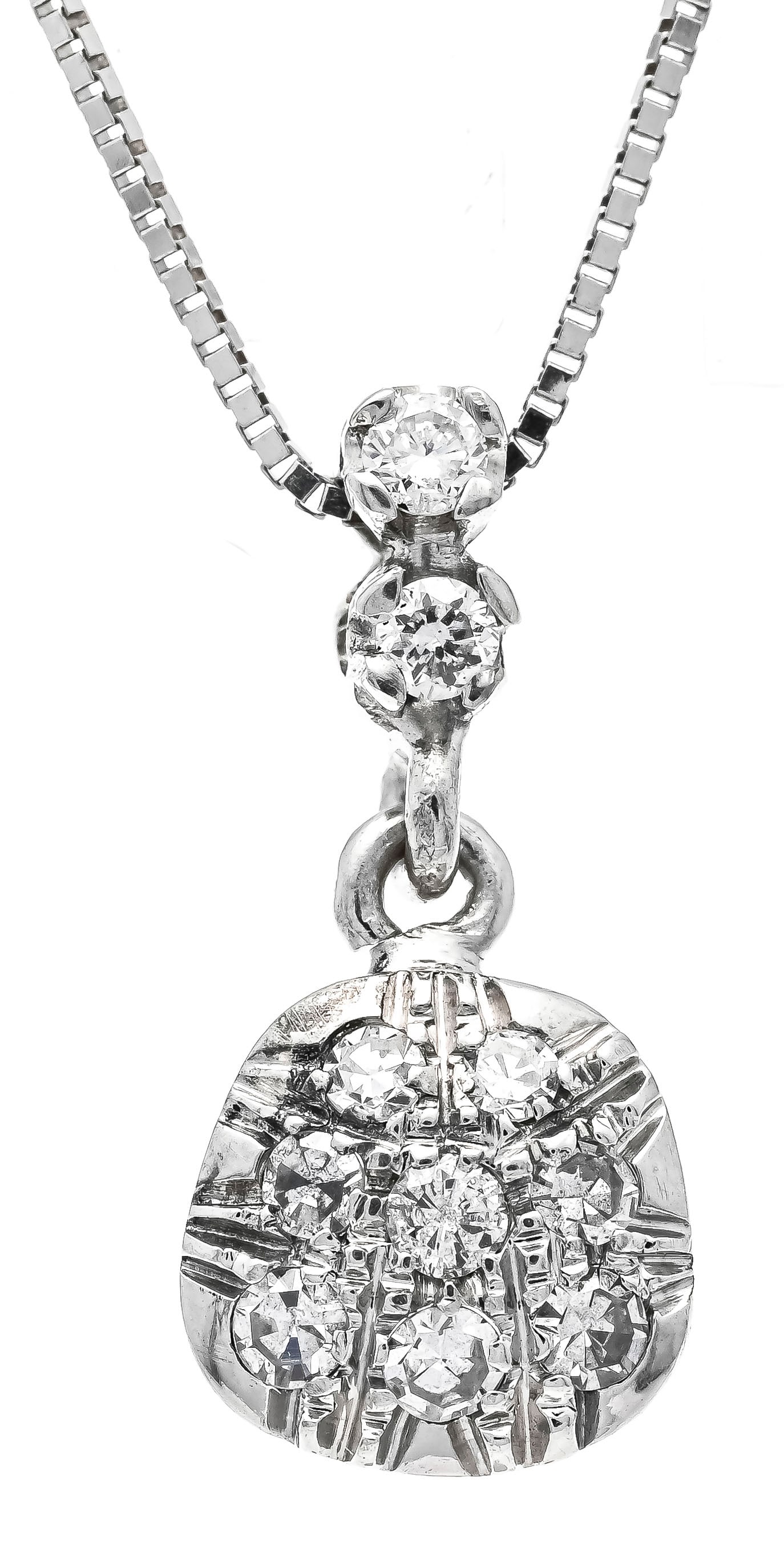 Brilliant pendant WG 750/000 unma: Brilliant pendant WG 750/000 unmarked, tested, with 10 brilliant-cut diamonds, total 0.20 ct W/SI-PI, l. 18.5 mm, on chain WG 750/000 with spring ring, l. 44 cm, 3.5 g