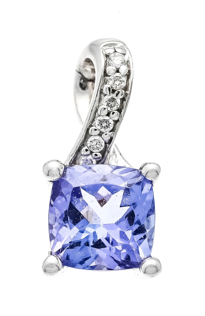 Tanzanite pendant WG 585/000 with: Tanzanite pendant WG 585/000 with a carré-shaped faceted tanzanite 5 x 5 mm in a violet-tinged blue and very good clarity, as well as 6 brilliant-cut diamonds, total 0.03 ct W/SI, l. 11 mm, 0.6 g