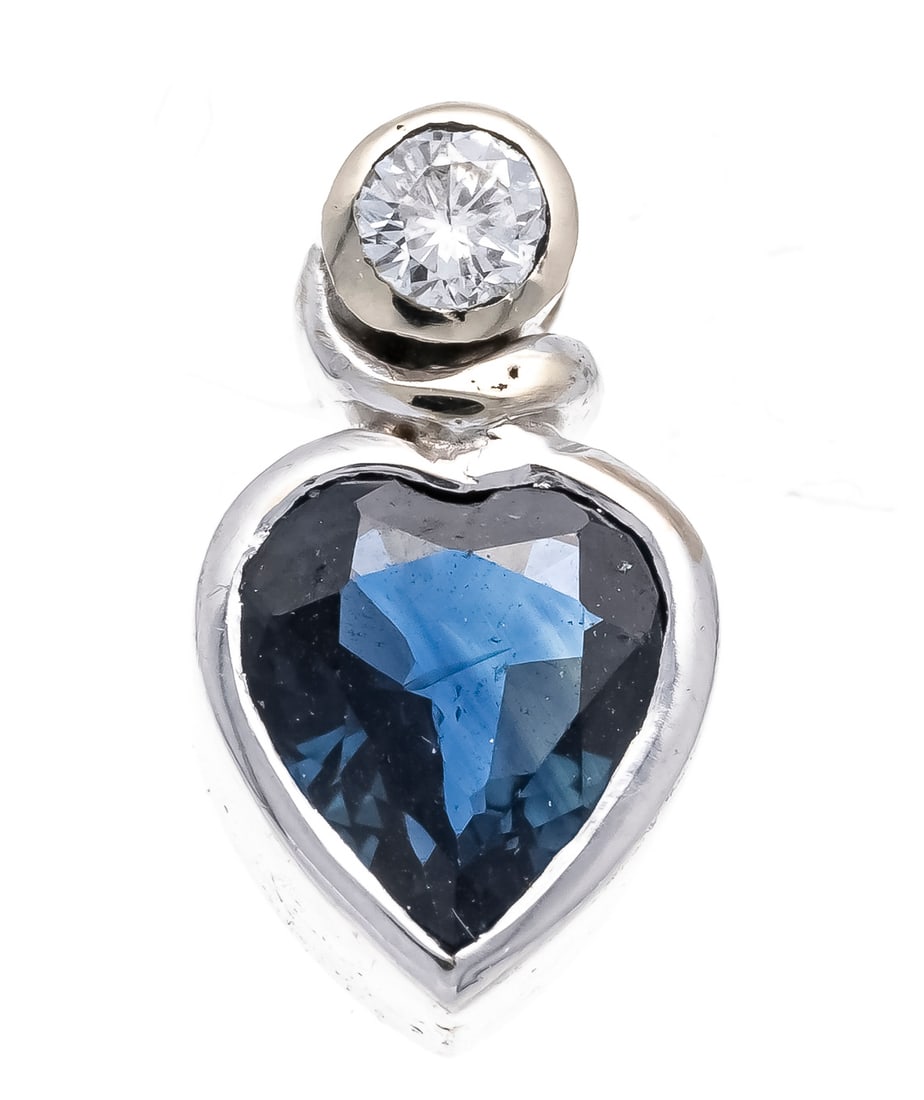 Sapphire diamond slider WG 585/00: Sapphire diamond slider WG 585/000 for necklace with a heart-shaped faceted sapphire 5.7 x 5.3 mm blue, transparent with few internal features and a brilliant-cut diamond 0.03 ct W/VS, l. 11.8 mm,