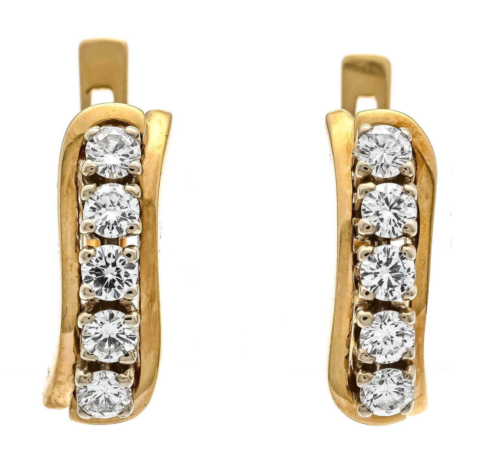 Brilliant clip ear studs GG 750/0: Brilliant clip ear studs GG 750/000 with 10 brilliant-cut diamonds, total 1.00 ct TW-W/VS-SI, l. 18 mm, 9.8 g