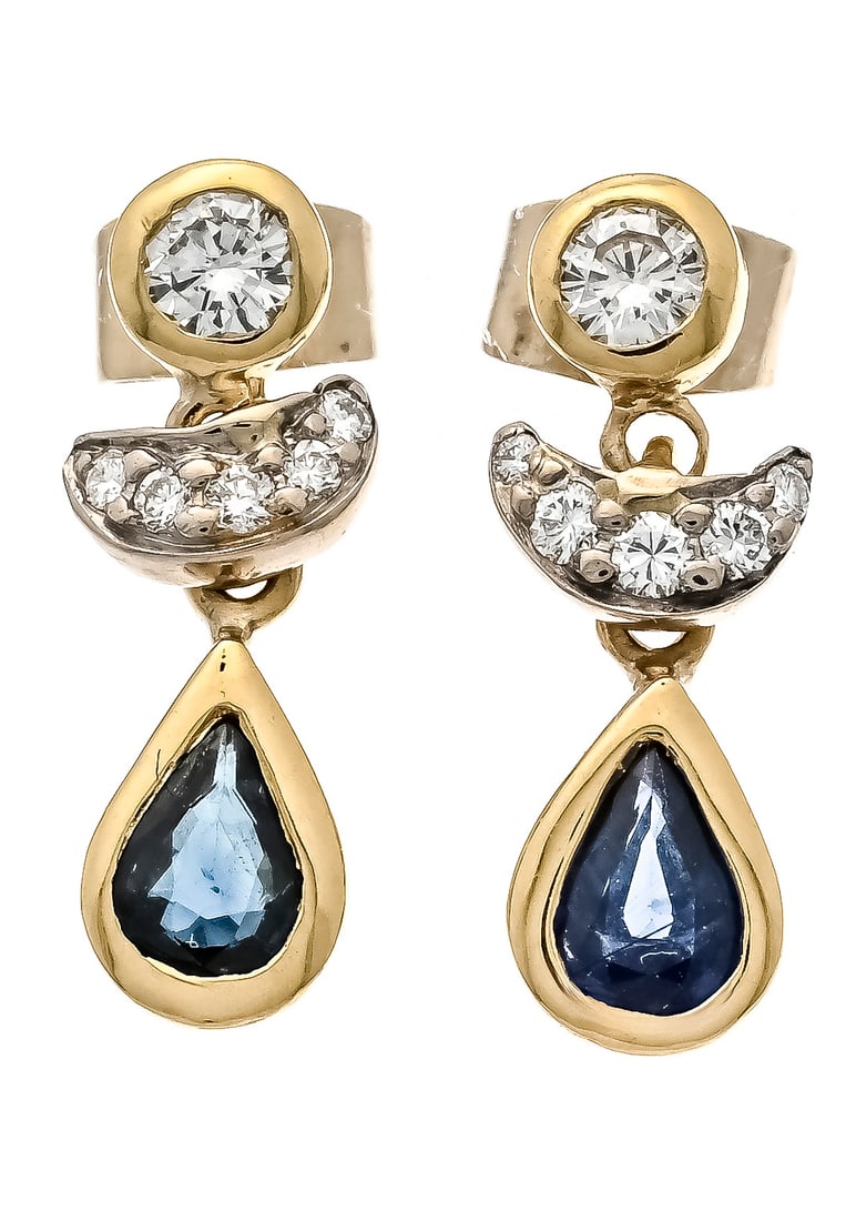 Sapphire diamond stud earrings GG: Sapphire diamond stud earrings GG/WG 750/000 with 2 faceted sapphire drops 5.2 x 3.6 mm and 12 brilliant-cut diamonds, total 0.24 ct W/VS-SI, l. 18 mm, 3.5 g